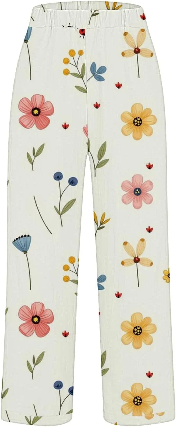 Women's Cotton Linen Pants Casual Vintage Floral Print Elastic Waist Drawstring Summer Beach Baggy Capri with Pockets