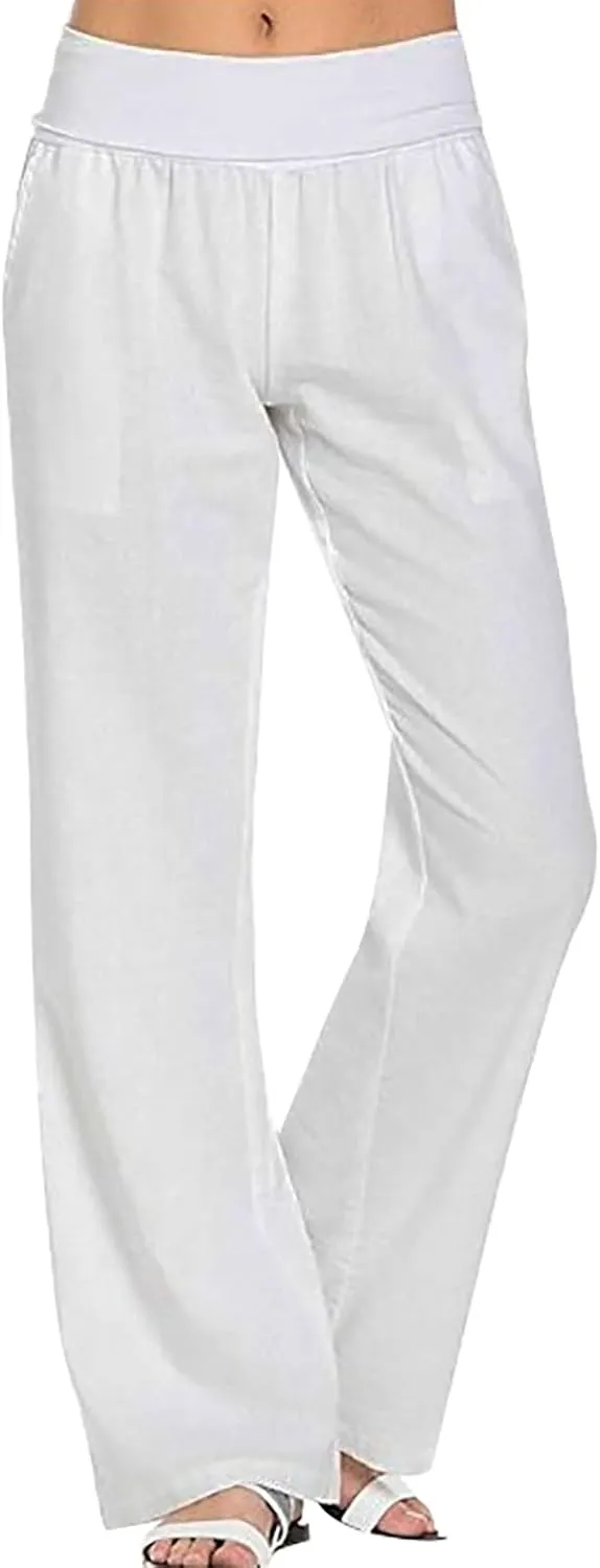 Womens Cotton Linen Pants Summer Casual Wide Leg Cropped Palazzo Pant Ladies Workout Yoga Lounge Trouser with Pockets