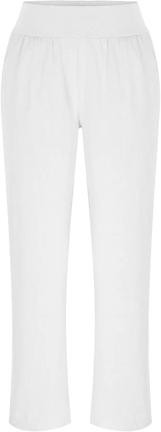 Womens Cotton Linen Pants Summer Casual Wide Leg Cropped Palazzo Pant Ladies Workout Yoga Lounge Trouser with Pockets