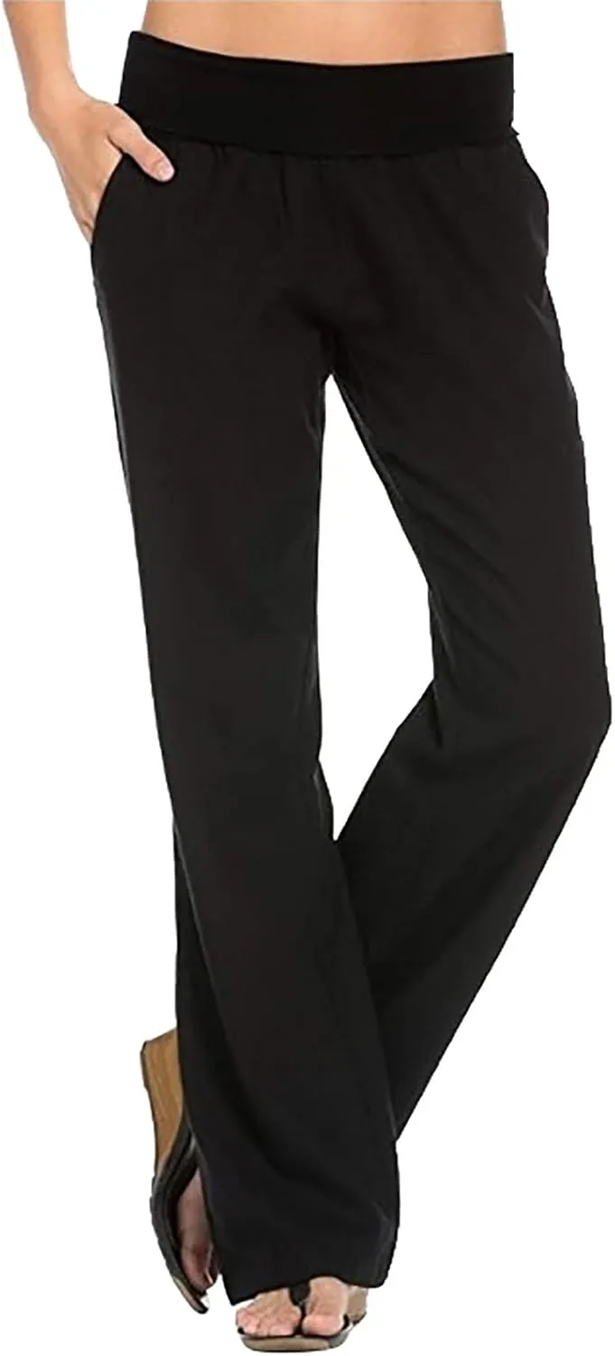 Womens Cotton Linen Pants Summer Casual Wide Leg Cropped Palazzo Pant Ladies Workout Yoga Lounge Trouser with Pockets