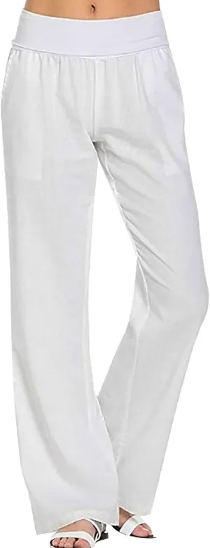 Womens Cotton Linen Pants Summer Casual Wide Leg Cropped Palazzo Pant Ladies Workout Yoga Lounge Trouser with Pockets