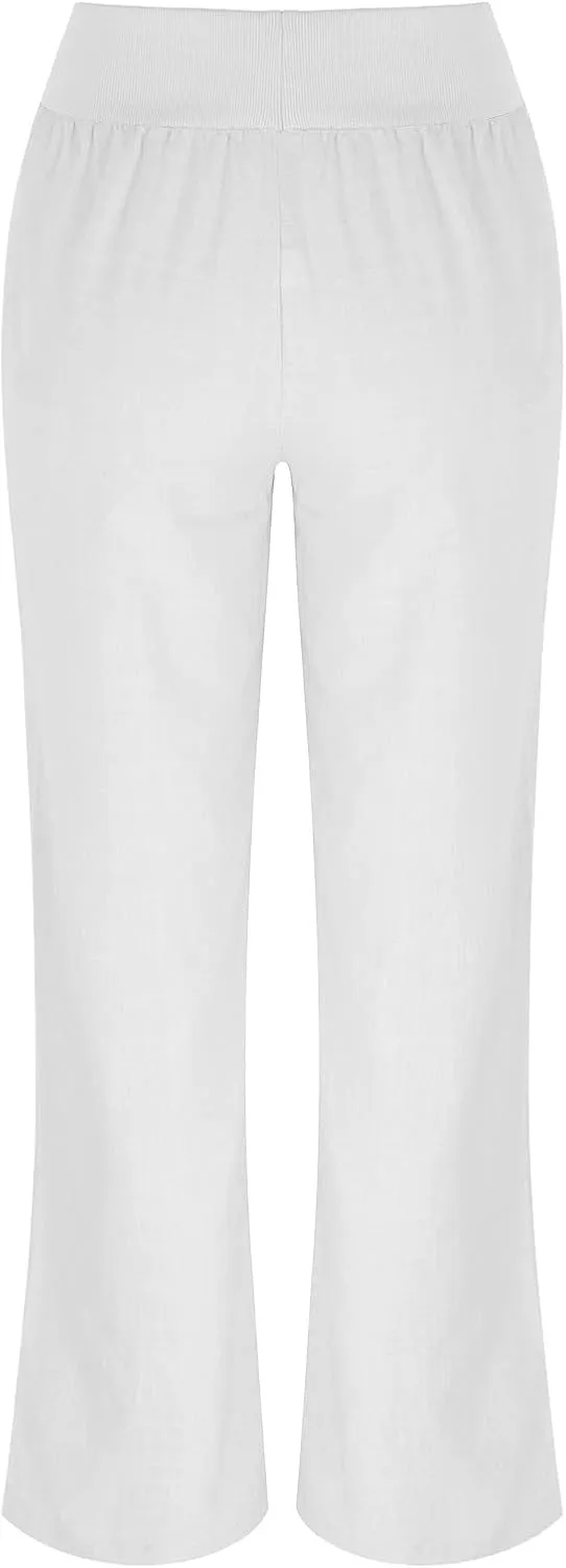Womens Cotton Linen Pants Summer Casual Wide Leg Cropped Palazzo Pant Ladies Workout Yoga Lounge Trouser with Pockets