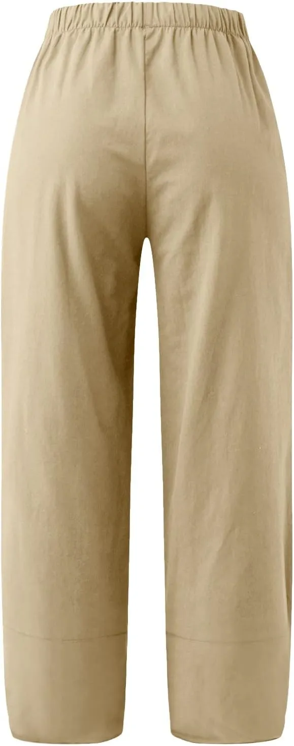 Women's Cotton Linen Summer Cropped Palazzo Pants Elastic Waisted Straight Plus Size Trouser Work Business