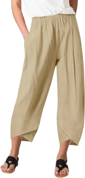 Women's Cotton Linen Summer Cropped Palazzo Pants Elastic Waisted Straight Plus Size Trouser Work Business