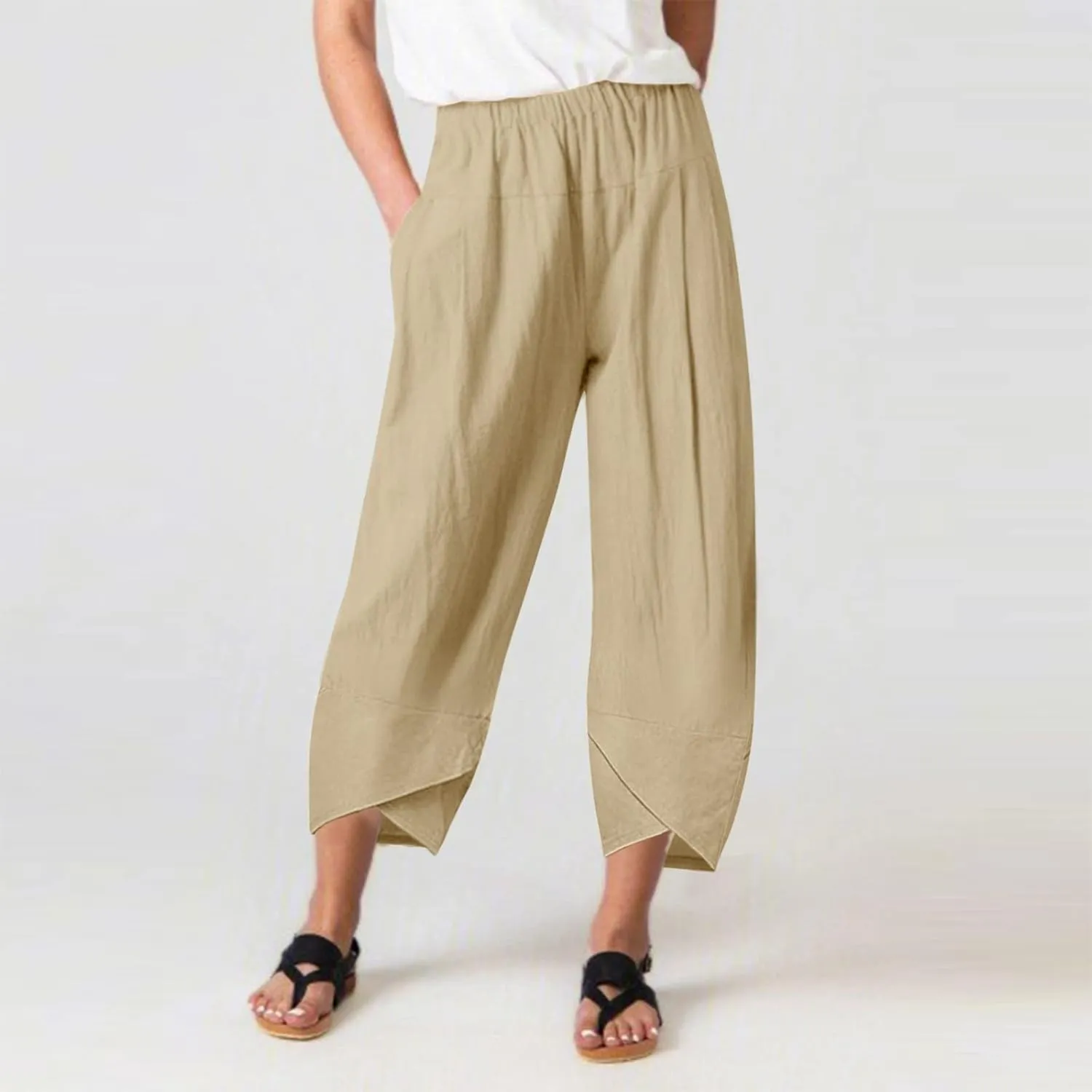 Women's Cotton Linen Summer Cropped Palazzo Pants Elastic Waisted Straight Plus Size Trouser Work Business
