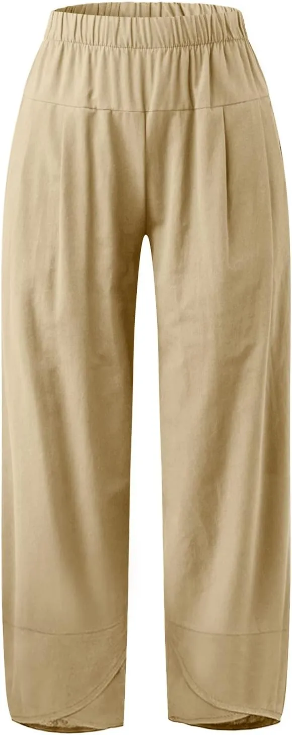 Women's Cotton Linen Summer Cropped Palazzo Pants Elastic Waisted Straight Plus Size Trouser Work Business