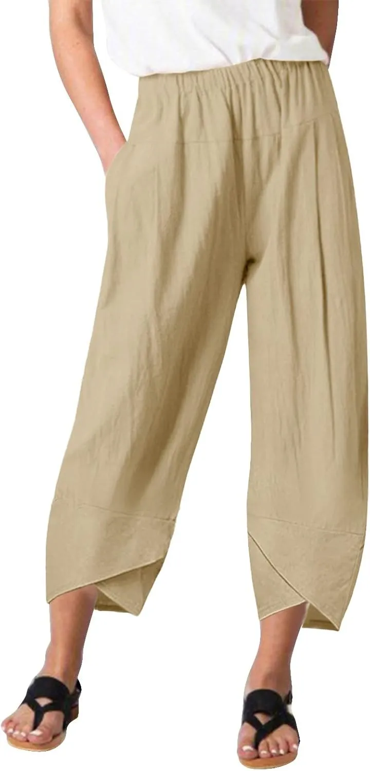 Women's Cotton Linen Summer Cropped Palazzo Pants Elastic Waisted Straight Plus Size Trouser Work Business