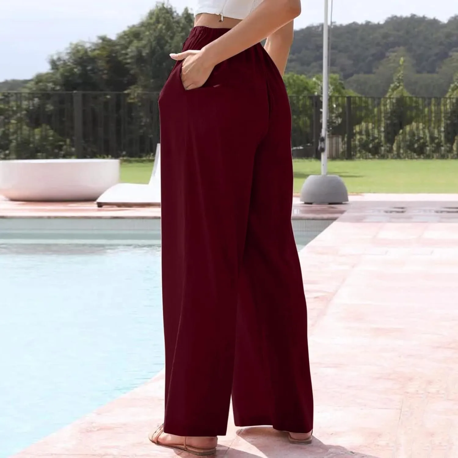 Womens Cotton Linen Summer Palazzo Pants Wide Leg Beach Flowy Trousers Drawstring Elastic Waist Slacks with Pockets