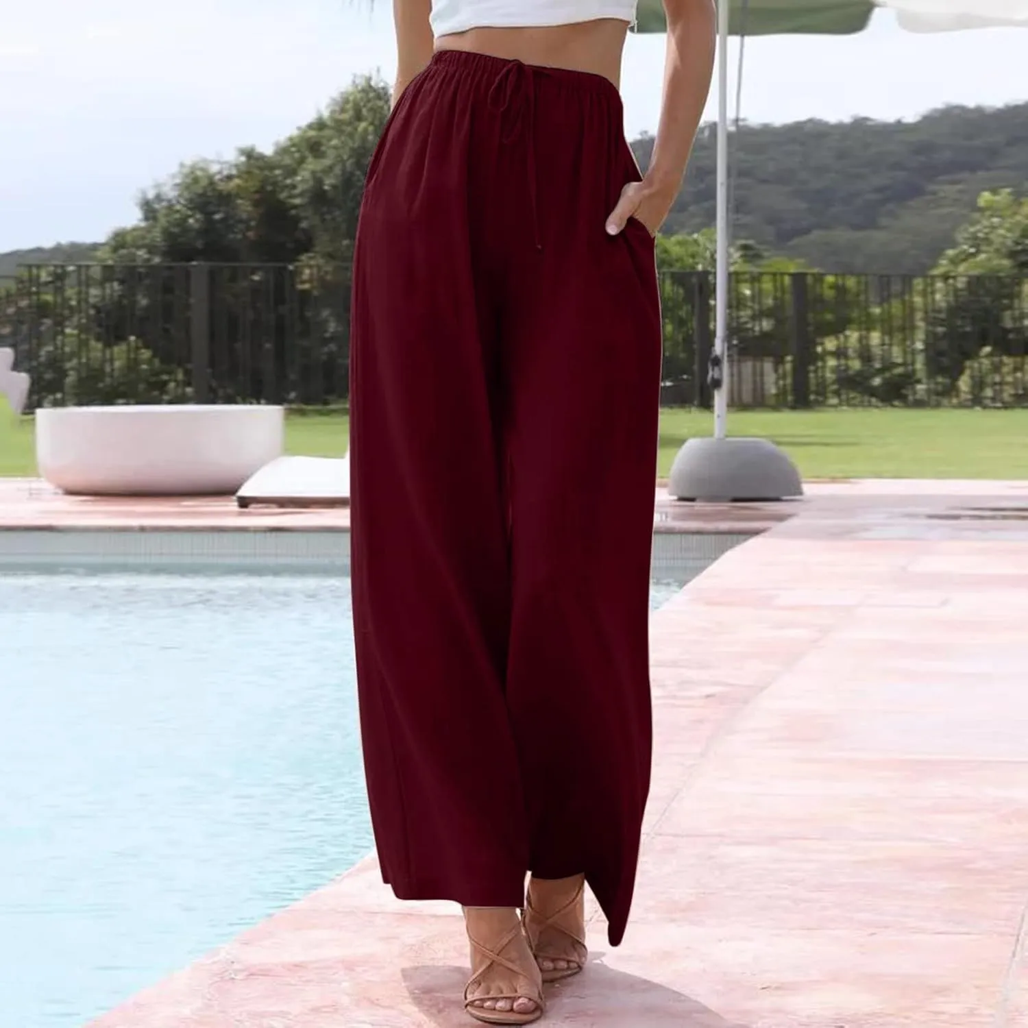 Womens Cotton Linen Summer Palazzo Pants Wide Leg Beach Flowy Trousers Drawstring Elastic Waist Slacks with Pockets