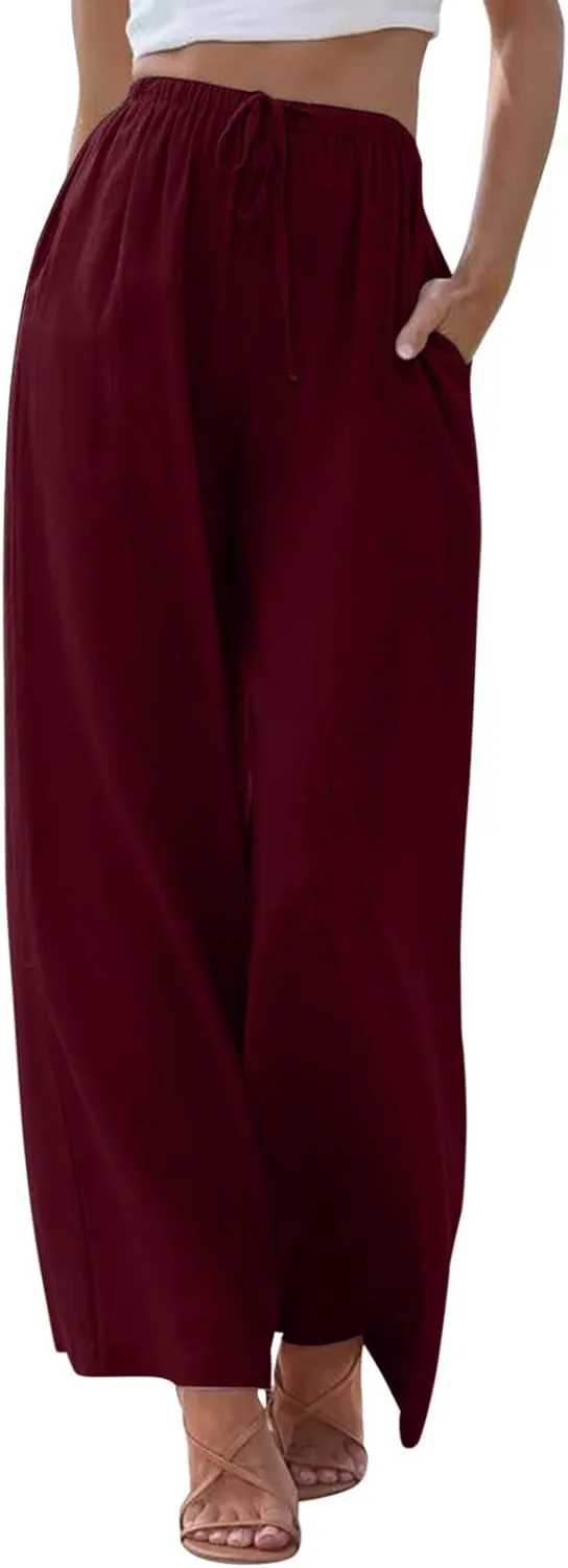 Womens Cotton Linen Summer Palazzo Pants Wide Leg Beach Flowy Trousers Drawstring Elastic Waist Slacks with Pockets