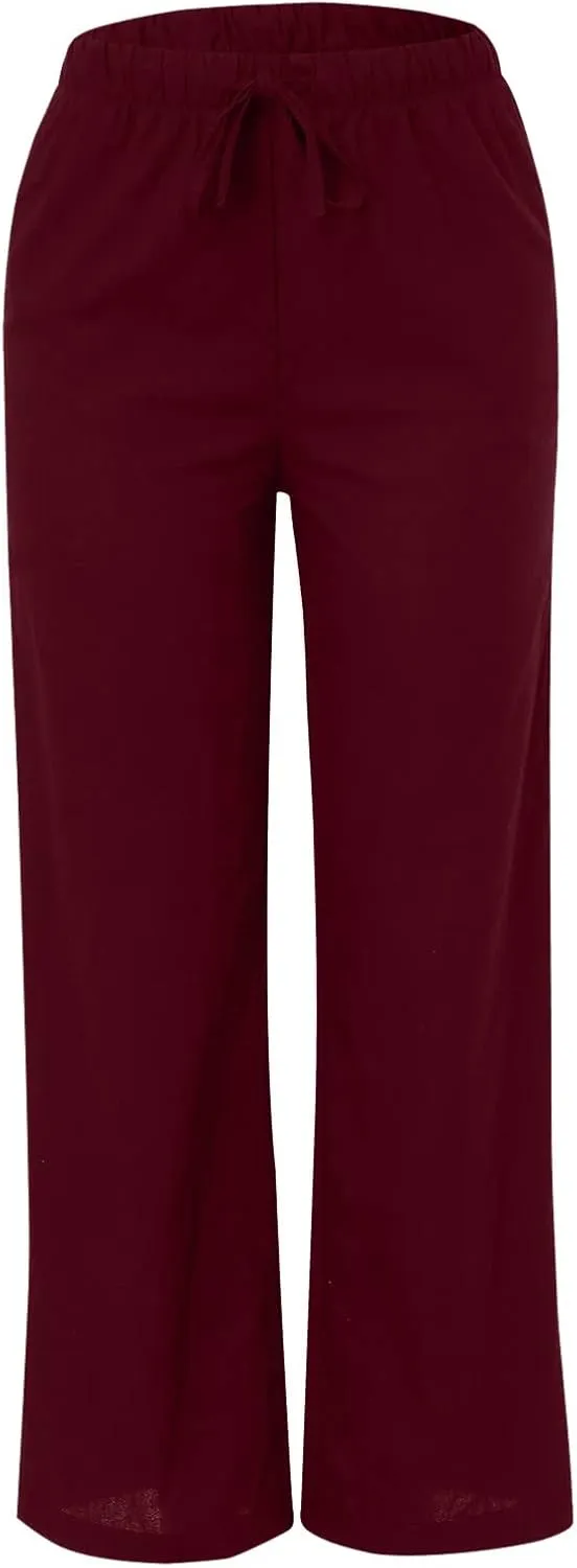 Womens Cotton Linen Summer Palazzo Pants Wide Leg Beach Flowy Trousers Drawstring Elastic Waist Slacks with Pockets