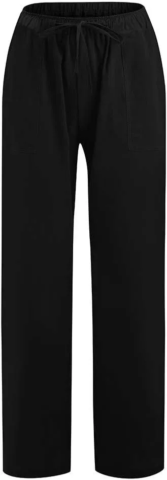Womens Cotton Linen Summer Split Flowy Pants Elastic Waisted Long Lounge Plus Size Palazzo Lounge Pants Travel