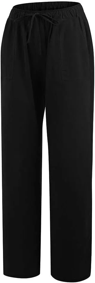 Womens Cotton Linen Summer Split Flowy Pants Elastic Waisted Long Lounge Plus Size Palazzo Lounge Pants Travel