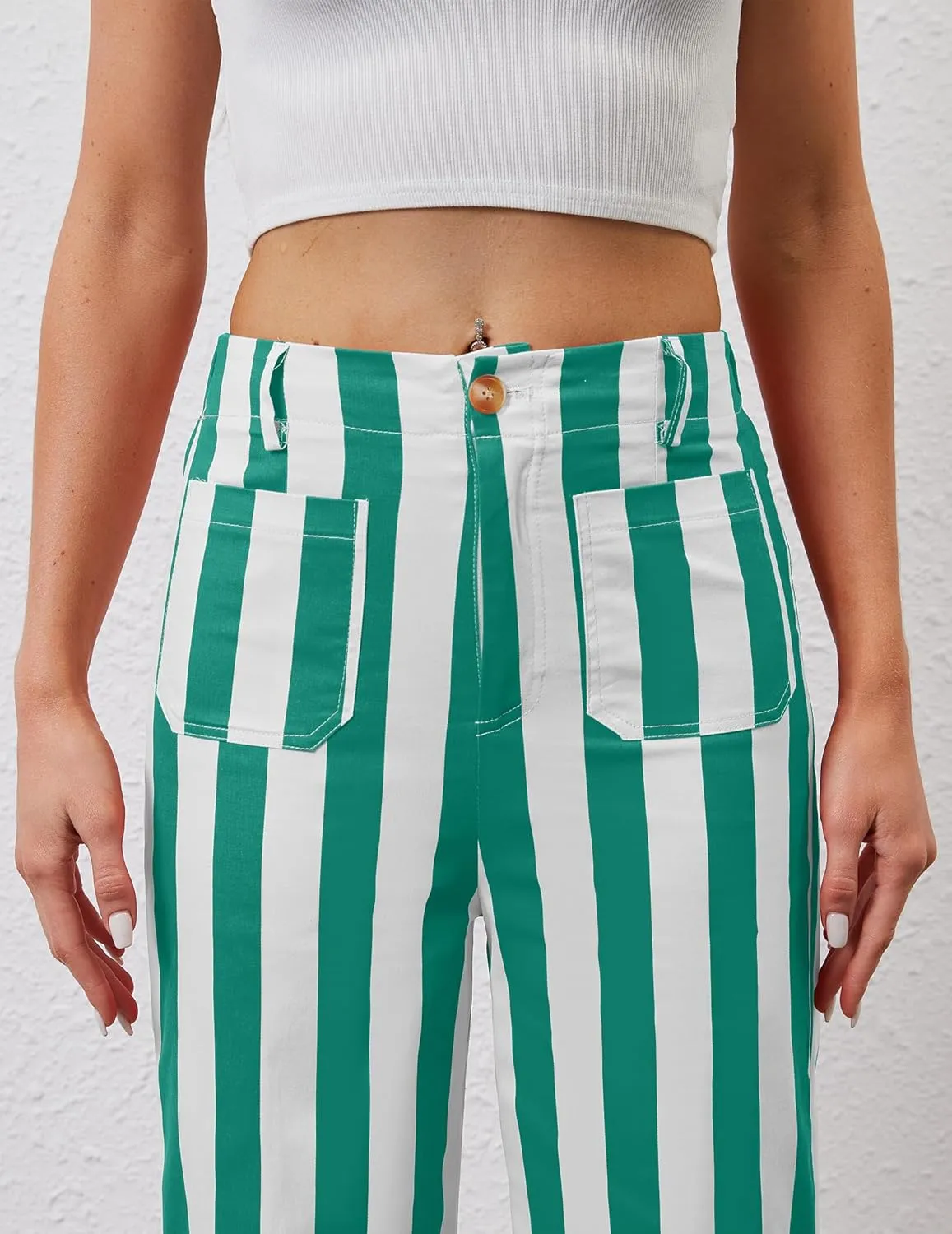 Womens Cropped Striped Jeans High Waisted Strechy Wide Leg Capri Jeans Straight Flare Ankle Denim Pants with Pockets