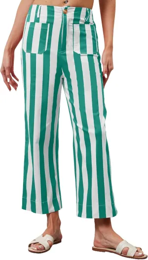 Womens Cropped Striped Jeans High Waisted Strechy Wide Leg Capri Jeans Straight Flare Ankle Denim Pants with Pockets