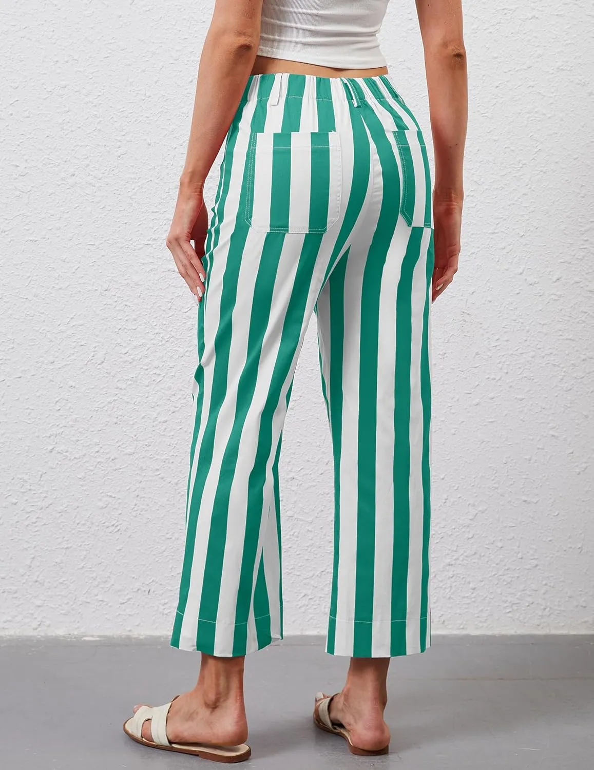 Womens Cropped Striped Jeans High Waisted Strechy Wide Leg Capri Jeans Straight Flare Ankle Denim Pants with Pockets