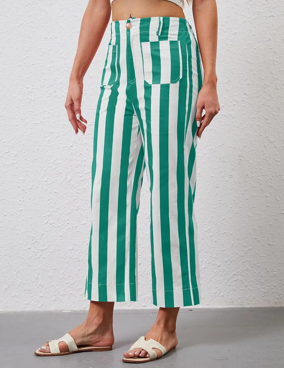 Womens Cropped Striped Jeans High Waisted Strechy Wide Leg Capri Jeans Straight Flare Ankle Denim Pants with Pockets
