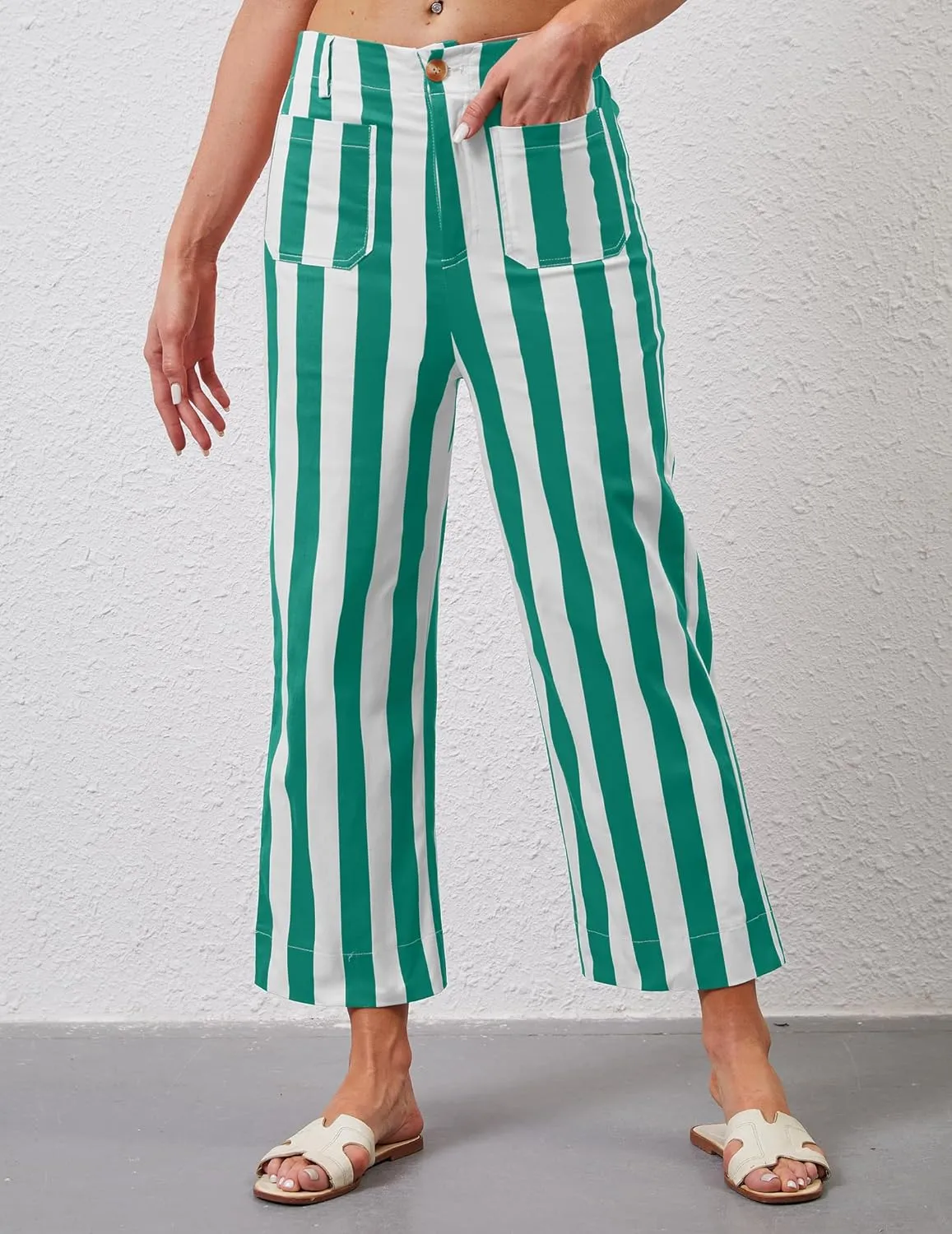 Womens Cropped Striped Jeans High Waisted Strechy Wide Leg Capri Jeans Straight Flare Ankle Denim Pants with Pockets