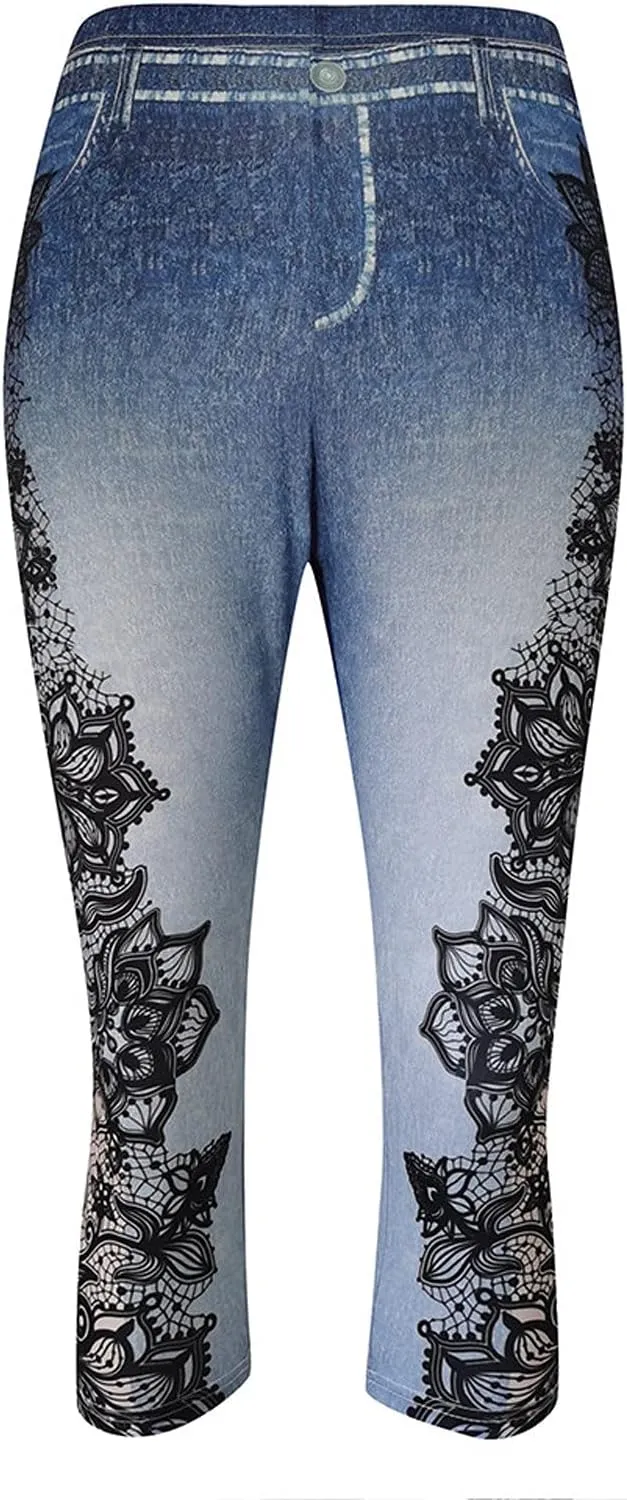 Women's Denim Leggings Lace Embroidery 3/4 Yoga Pants Stretchy Workout Capris High Waist Yoga Jeans Cropped Trousers