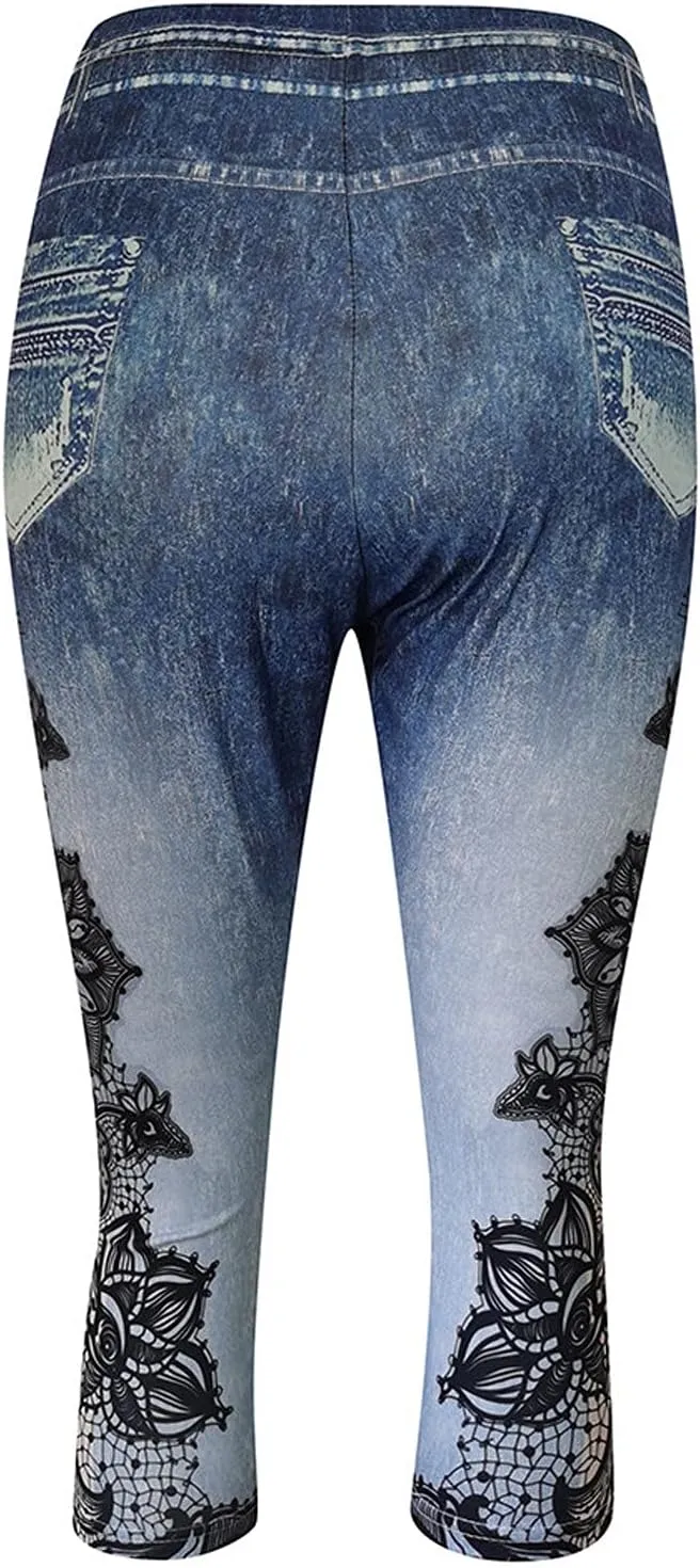 Women's Denim Leggings Lace Embroidery 3/4 Yoga Pants Stretchy Workout Capris High Waist Yoga Jeans Cropped Trousers