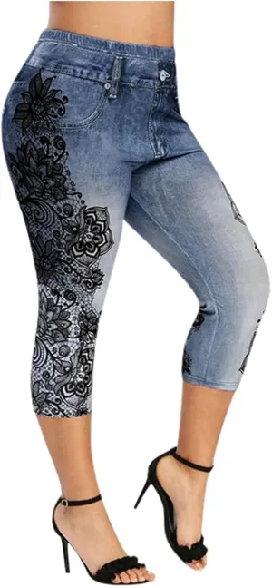Women's Denim Leggings Lace Embroidery 3/4 Yoga Pants Stretchy Workout Capris High Waist Yoga Jeans Cropped Trousers
