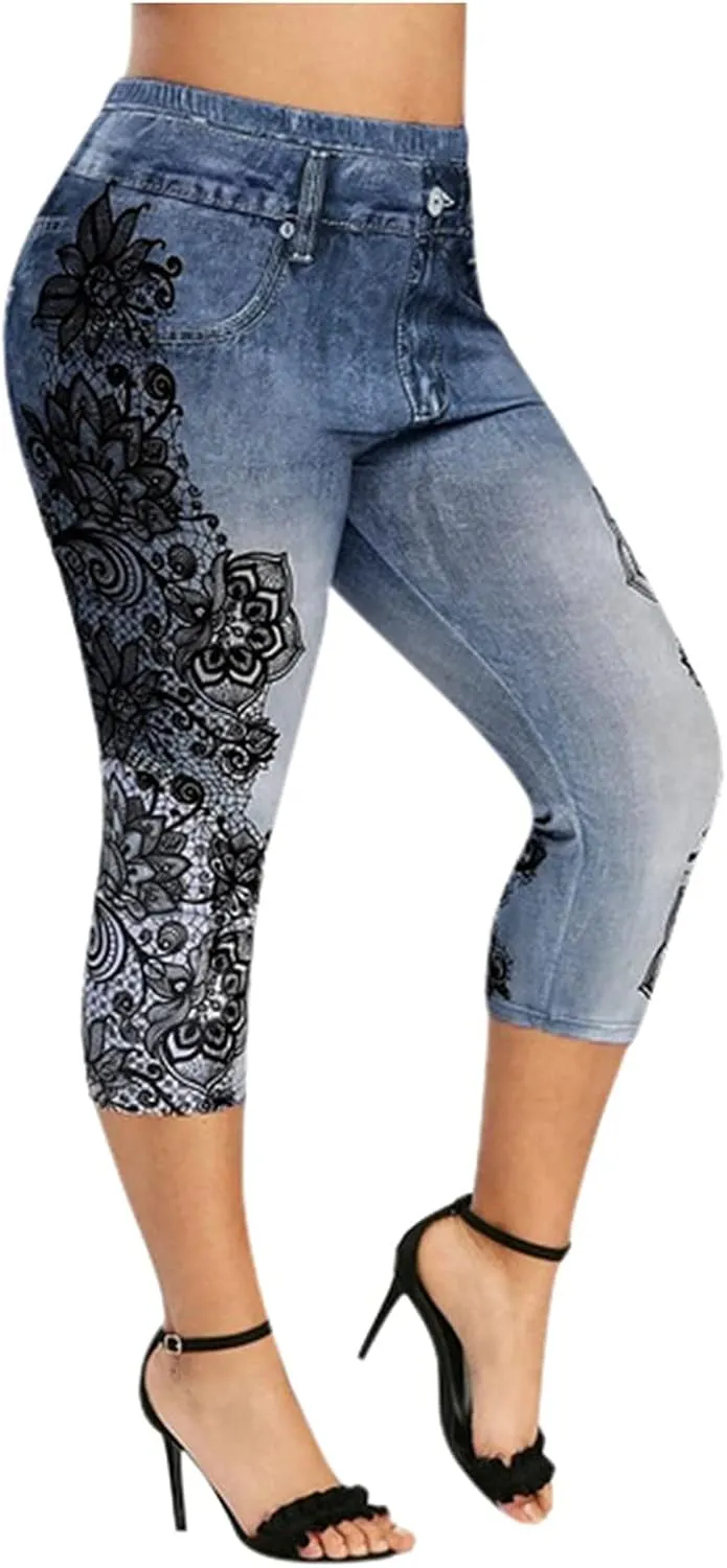 Women's Denim Leggings Lace Embroidery 3/4 Yoga Pants Stretchy Workout Capris High Waist Yoga Jeans Cropped Trousers