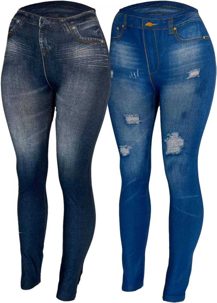Women's Denim Print Fake Jeans Seamless Fleece Lined Leggings, Full Length