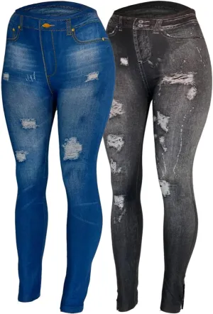 Women's Denim Print Fake Jeans Seamless Fleece Lined Leggings, Full Length