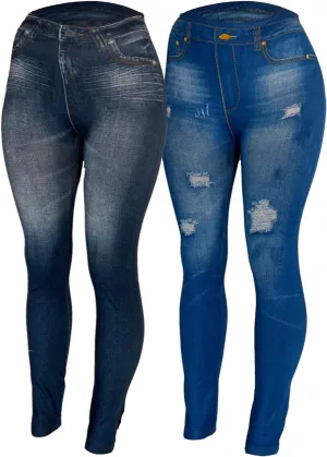 Women's Denim Print Fake Jeans Seamless Fleece Lined Leggings, Full Length
