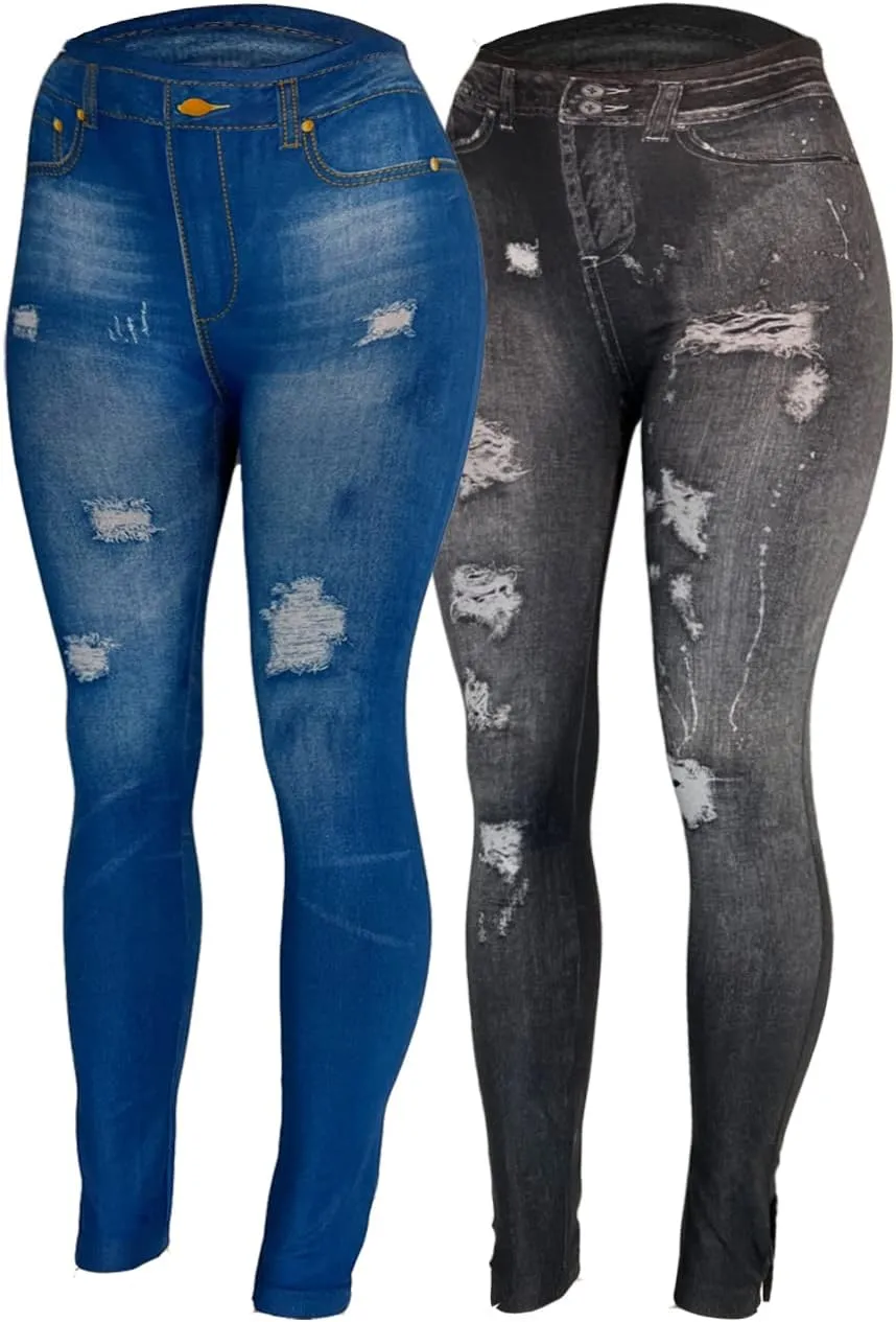 Women's Denim Print Fake Jeans Seamless Fleece Lined Leggings, Full Length