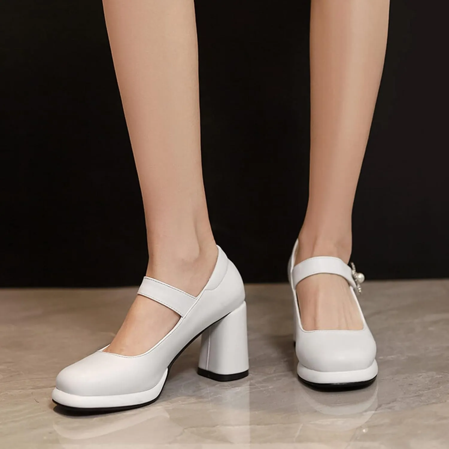Women's Fashion Square Toe Mary Jane Pumps Platform Rhinestone Flower Hook Loop Chunky High Heel Shoes