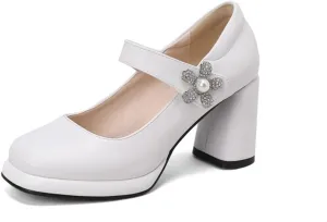 Women's Fashion Square Toe Mary Jane Pumps Platform Rhinestone Flower Hook Loop Chunky High Heel Shoes