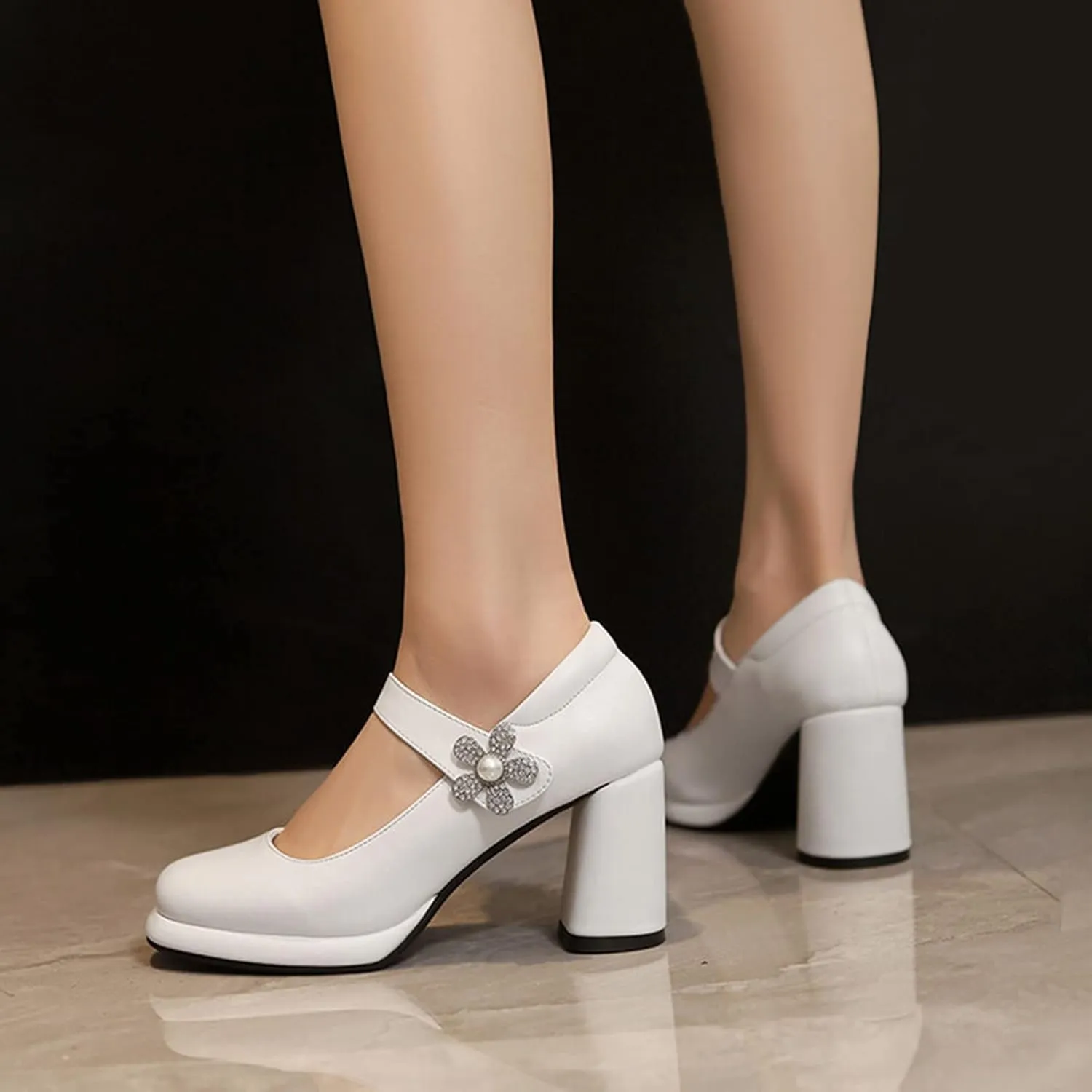 Women's Fashion Square Toe Mary Jane Pumps Platform Rhinestone Flower Hook Loop Chunky High Heel Shoes