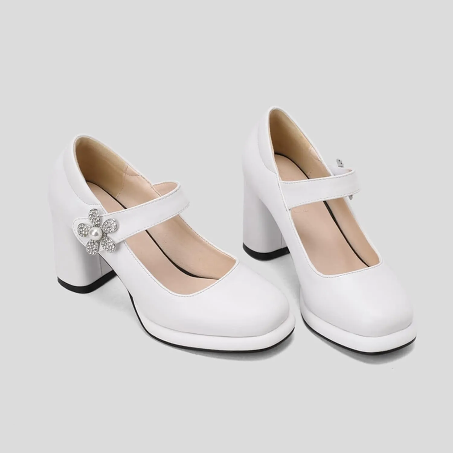 Women's Fashion Square Toe Mary Jane Pumps Platform Rhinestone Flower Hook Loop Chunky High Heel Shoes