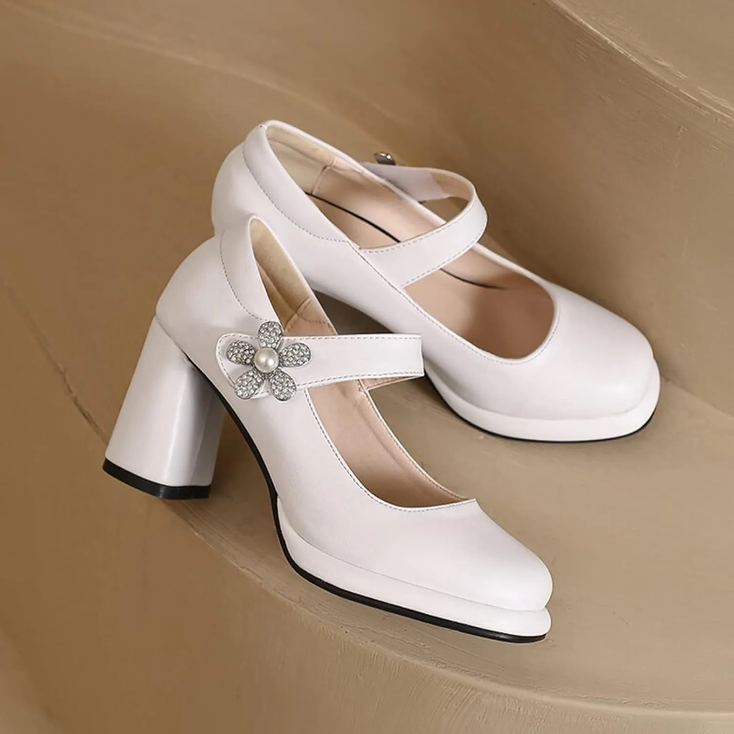 Women's Fashion Square Toe Mary Jane Pumps Platform Rhinestone Flower Hook Loop Chunky High Heel Shoes