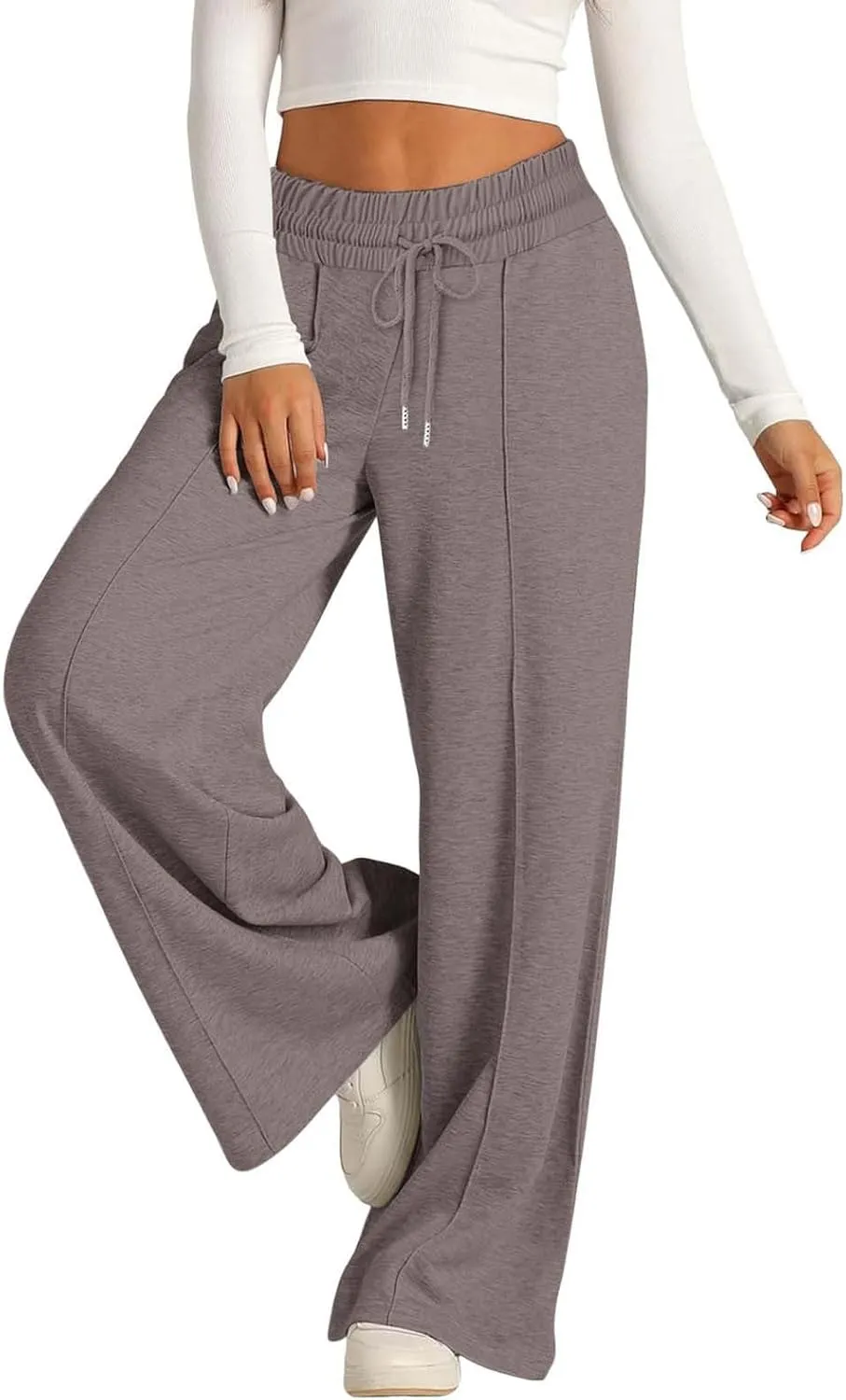 Women's High Waist Pants Wide Leg Casual Drawstring Sweatpants with Pockets Loose Solid Straight Leg Lounge Trousers