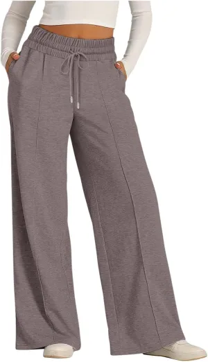 Women's High Waist Pants Wide Leg Casual Drawstring Sweatpants with Pockets Loose Solid Straight Leg Lounge Trousers