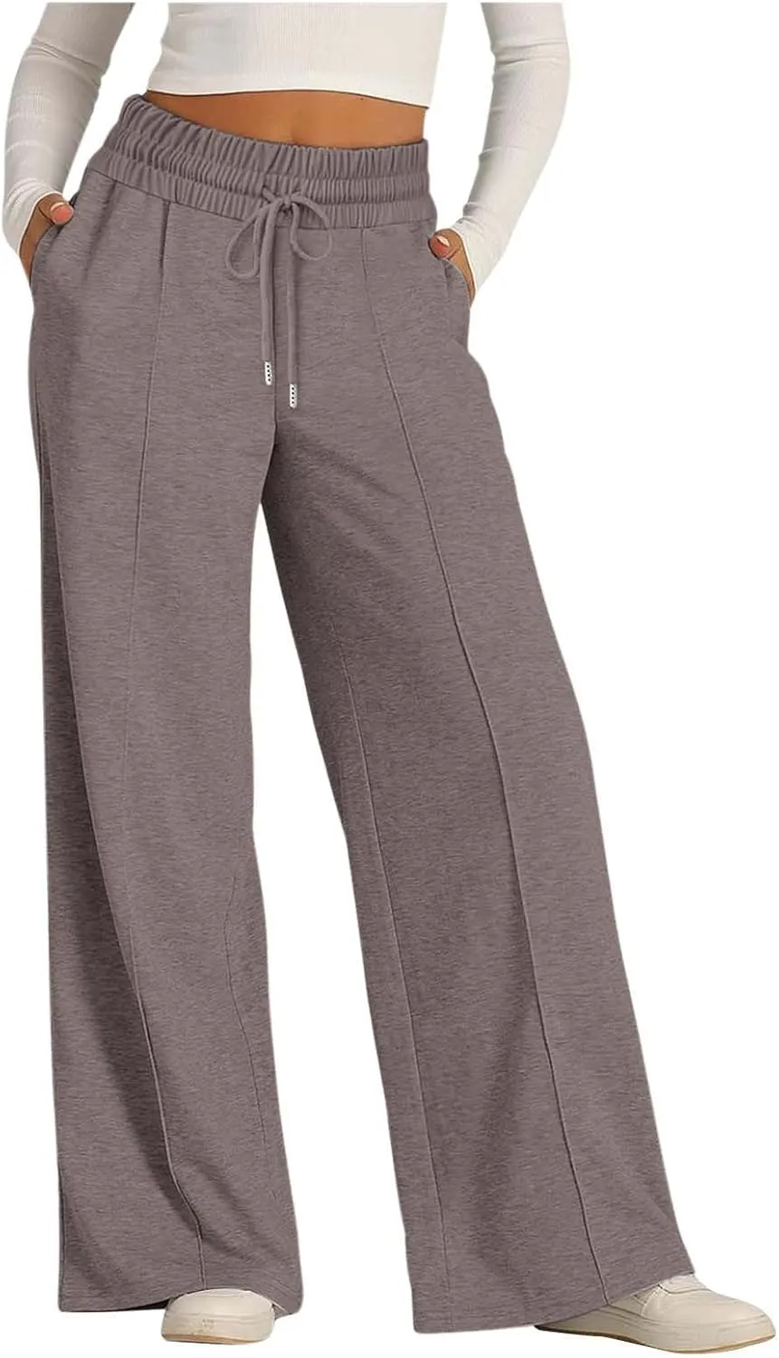 Women's High Waist Pants Wide Leg Casual Drawstring Sweatpants with Pockets Loose Solid Straight Leg Lounge Trousers