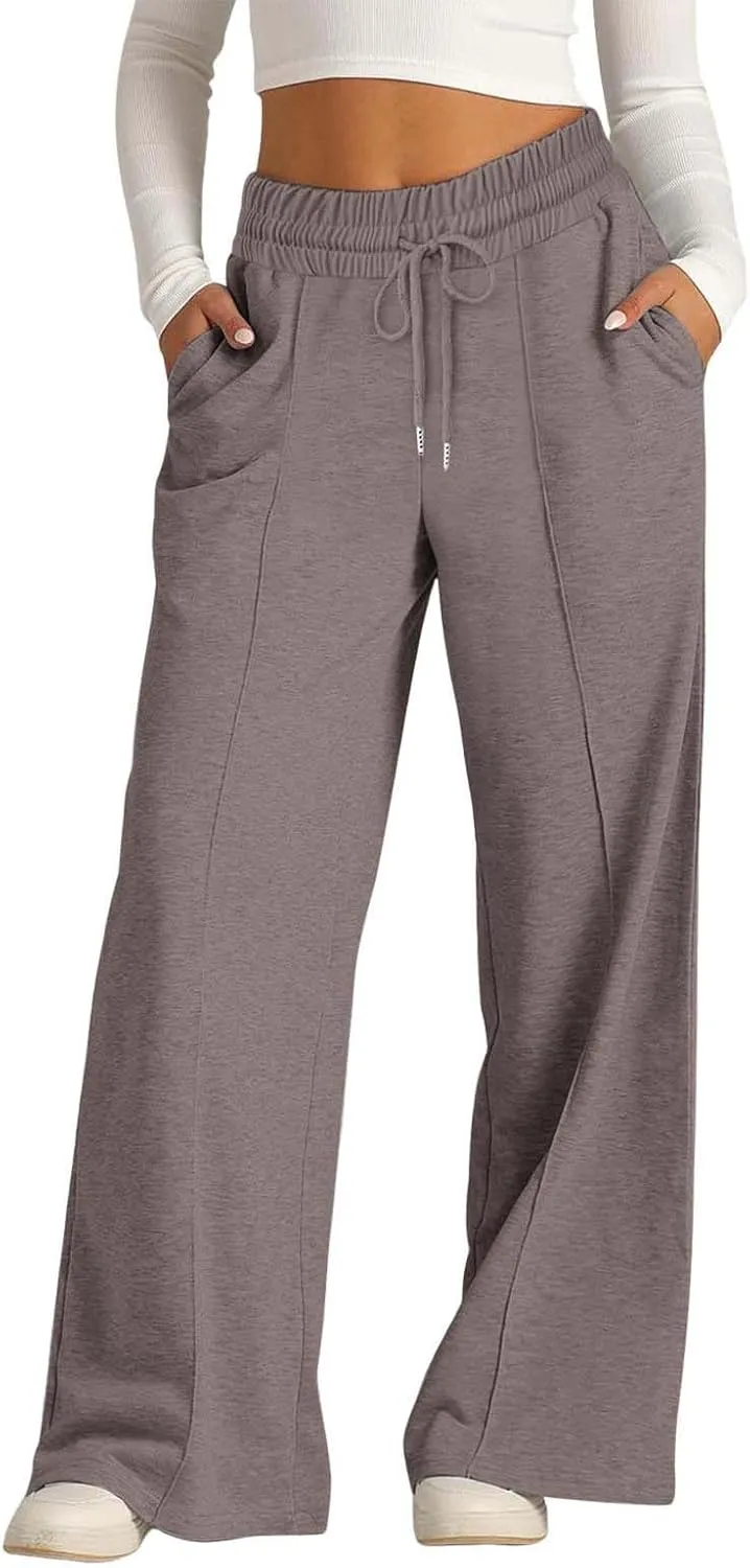 Women's High Waist Pants Wide Leg Casual Drawstring Sweatpants with Pockets Loose Solid Straight Leg Lounge Trousers