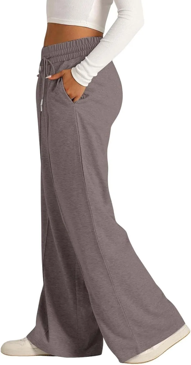 Women's High Waist Pants Wide Leg Casual Drawstring Sweatpants with Pockets Loose Solid Straight Leg Lounge Trousers