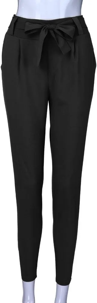 Womens High Waist Pencil Pants Slim Fit Bow-Knot Elastic Waist Pants Casual Office Paper Bag Trousers with Pockets