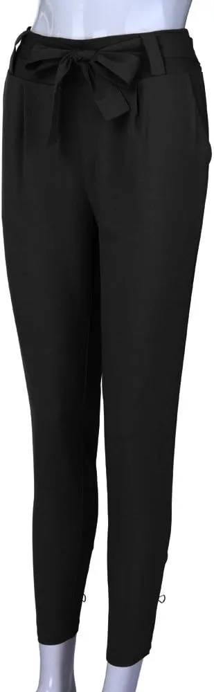 Womens High Waist Pencil Pants Slim Fit Bow-Knot Elastic Waist Pants Casual Office Paper Bag Trousers with Pockets