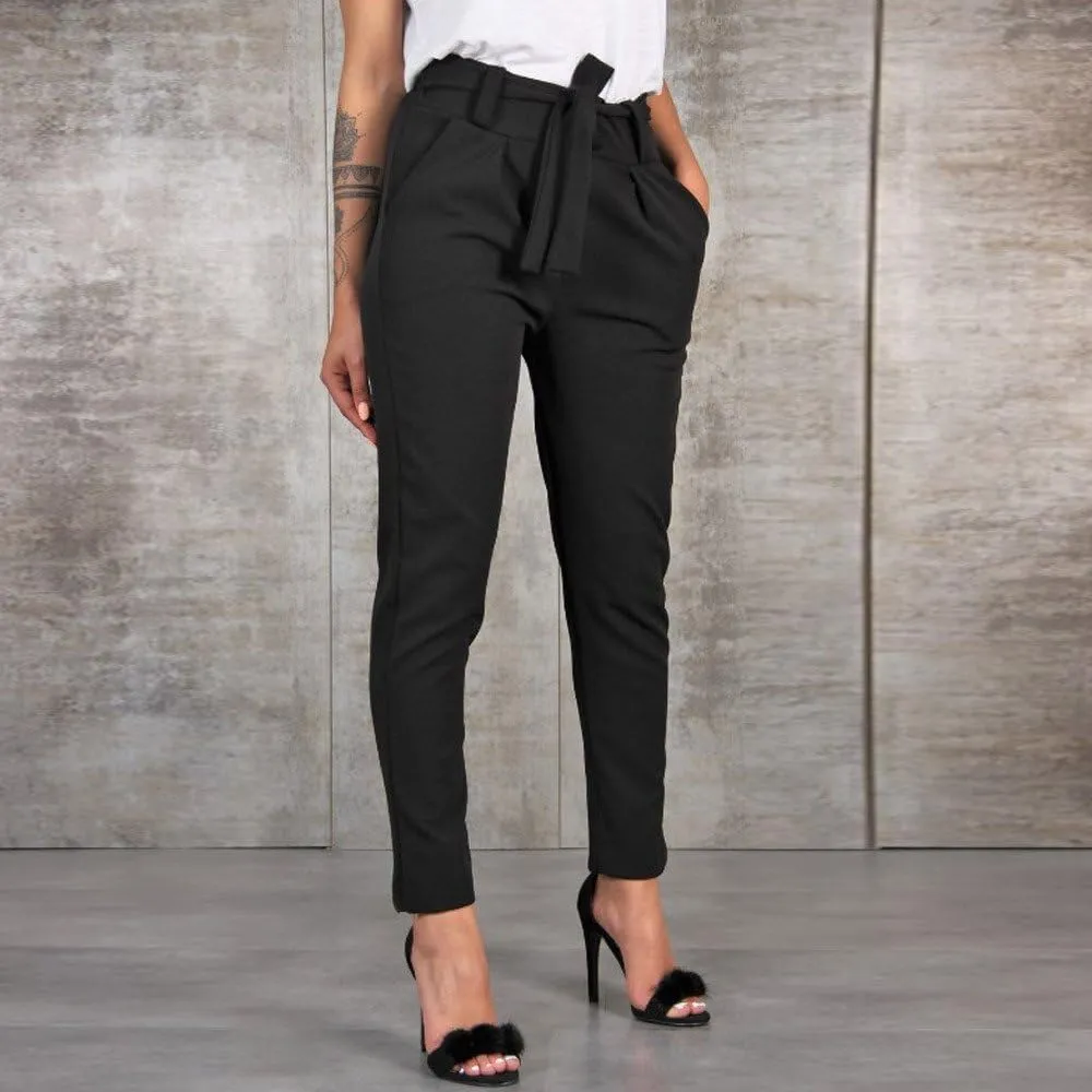 Womens High Waist Pencil Pants Slim Fit Bow-Knot Elastic Waist Pants Casual Office Paper Bag Trousers with Pockets