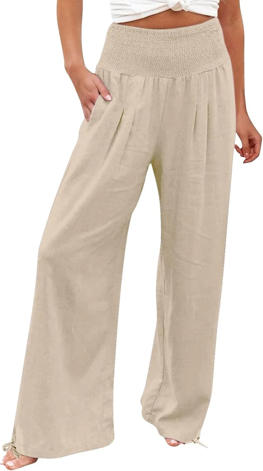 Womens High Waist Pockets Elastic Waist Solid Loose Pants Casual Long Trousers Women's Pants Casual Elastic Waist