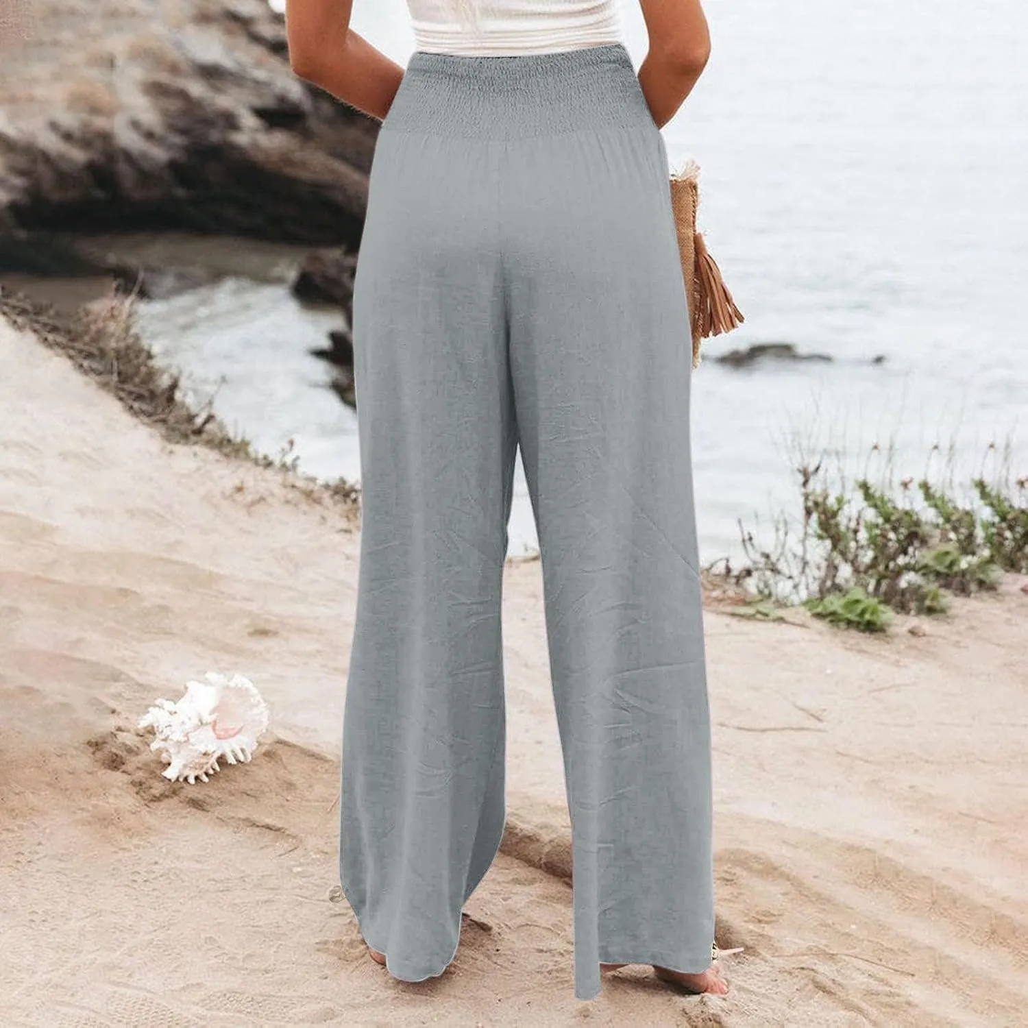 Womens High Waist Pockets Elastic Waist Solid Loose Pants Casual Long Trousers Women's Pants Casual Elastic Waist