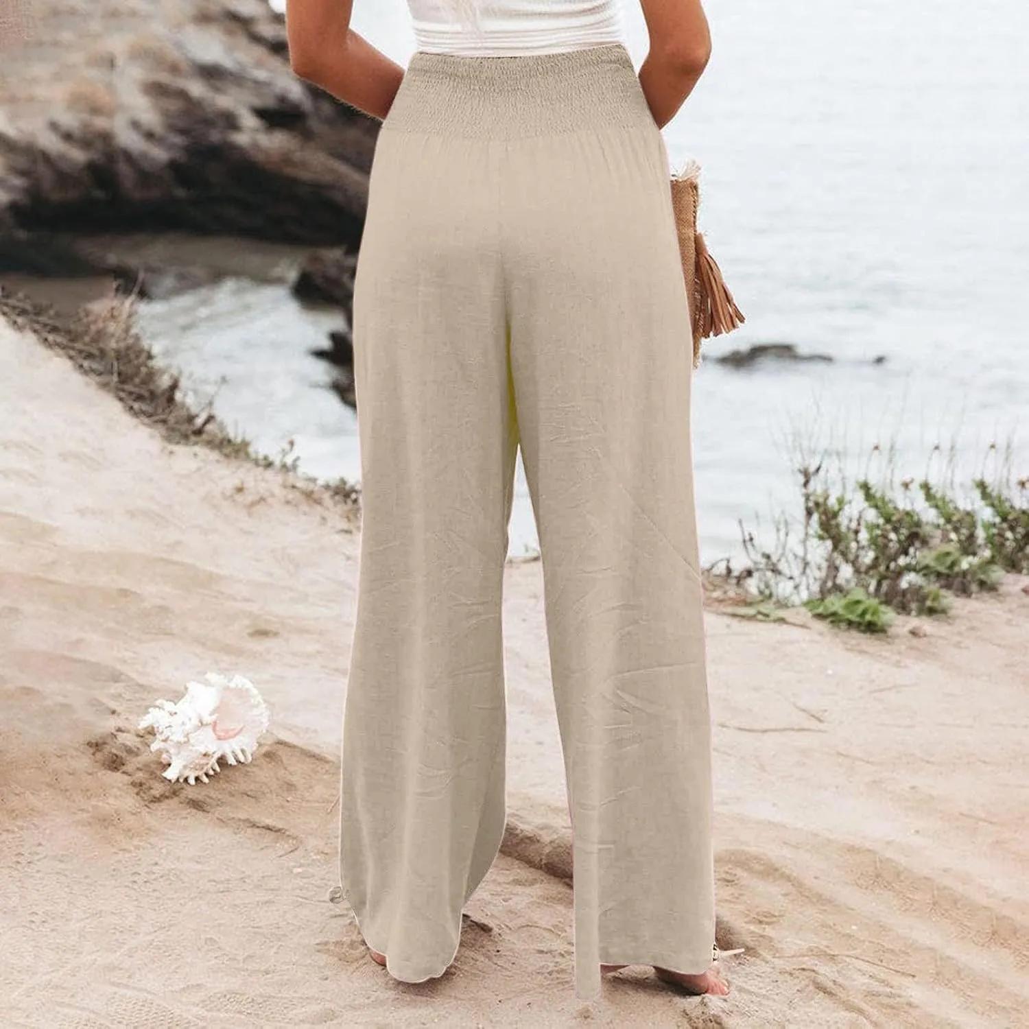 Womens High Waist Pockets Elastic Waist Solid Loose Pants Casual Long Trousers Women's Pants Casual Elastic Waist
