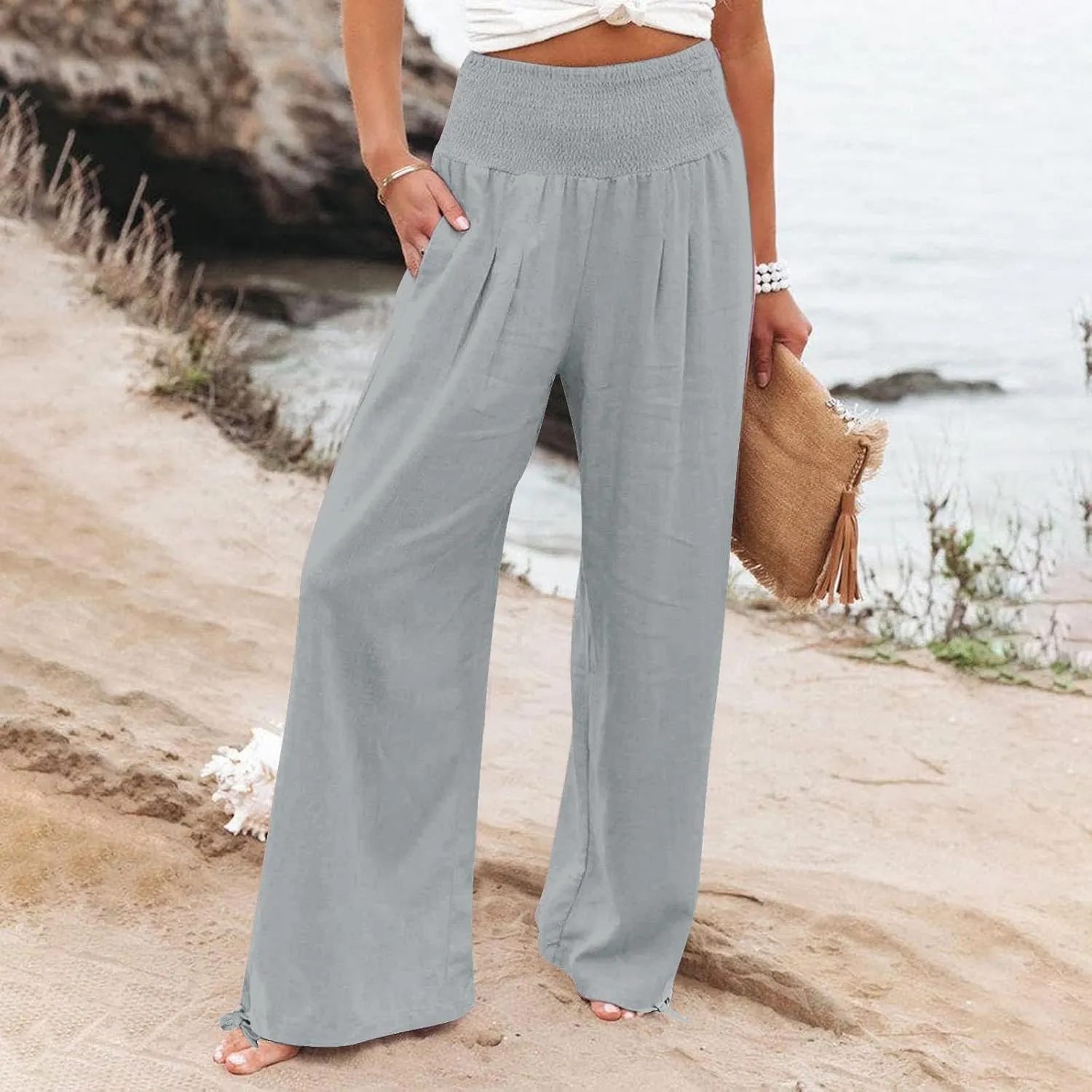 Womens High Waist Pockets Elastic Waist Solid Loose Pants Casual Long Trousers Women's Pants Casual Elastic Waist