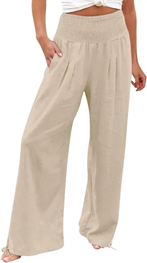 Womens High Waist Pockets Elastic Waist Solid Loose Pants Casual Long Trousers Women's Pants Casual Elastic Waist