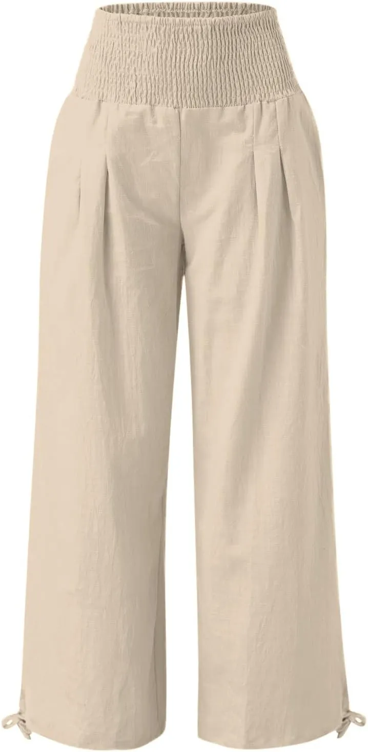 Womens High Waist Pockets Elastic Waist Solid Loose Pants Casual Long Trousers Women's Pants Casual Elastic Waist
