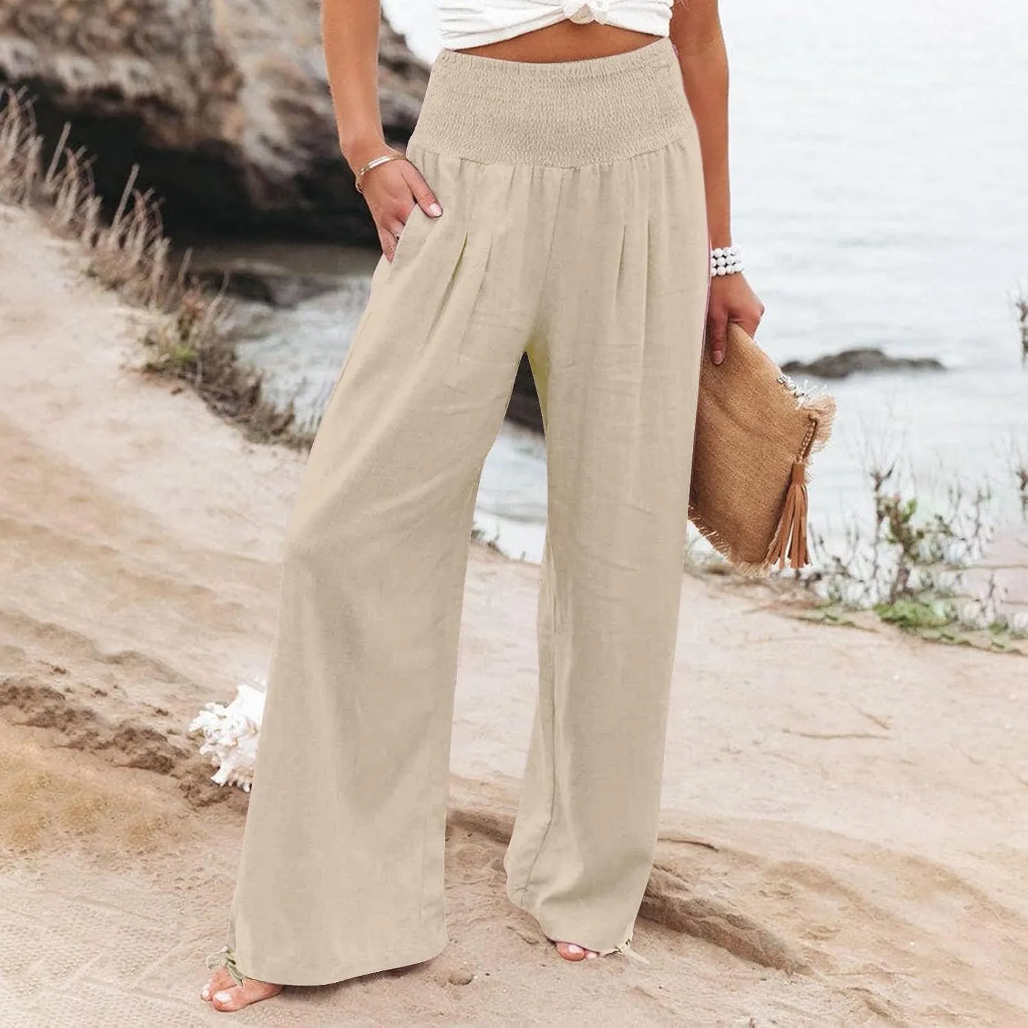 Womens High Waist Pockets Elastic Waist Solid Loose Pants Casual Long Trousers Women's Pants Casual Elastic Waist